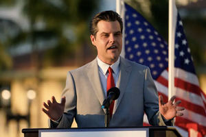 Representative Matt Gaetz speaks at a “Women for America First” event Friday in Doral, Florida