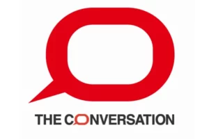 Red text bubble. Text below "The Conversation"