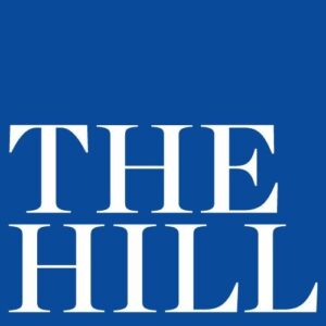 "The Hill" in white text with blue background