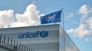 UNICEF building with UN flag flying out front