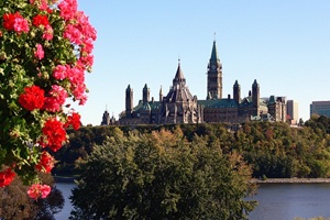 the Canadian parliament building rises above the treeline on a riverbank