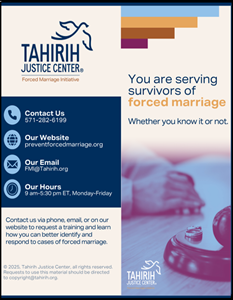 Image of a brochure called "You are serving survivors of forced marriage" by Tahirih Justice Center